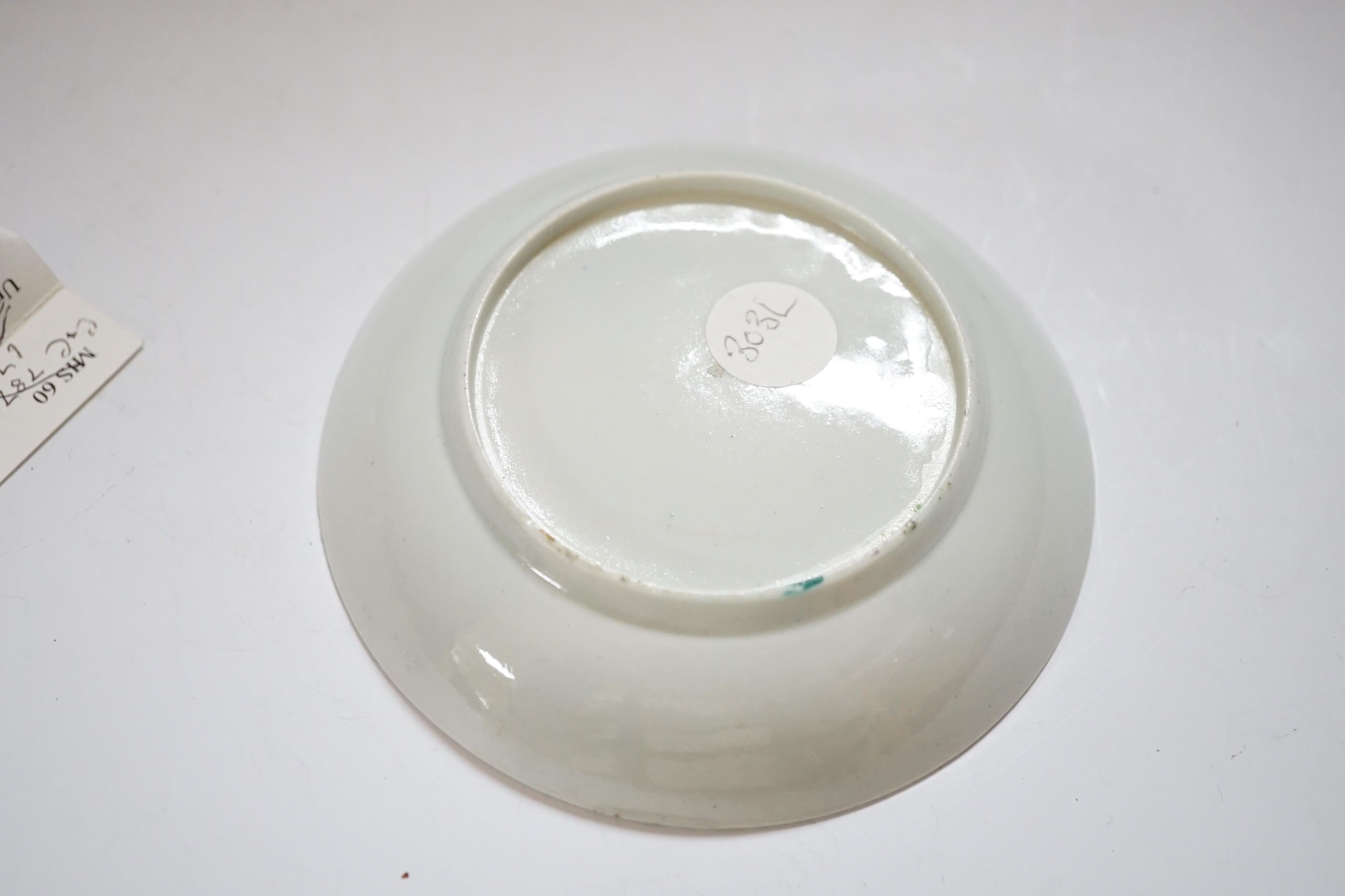 A Chaffers Liverpool saucer, c.1760 and two 18th century Christian or Pennington sauceboats, saucer 12cm diameter